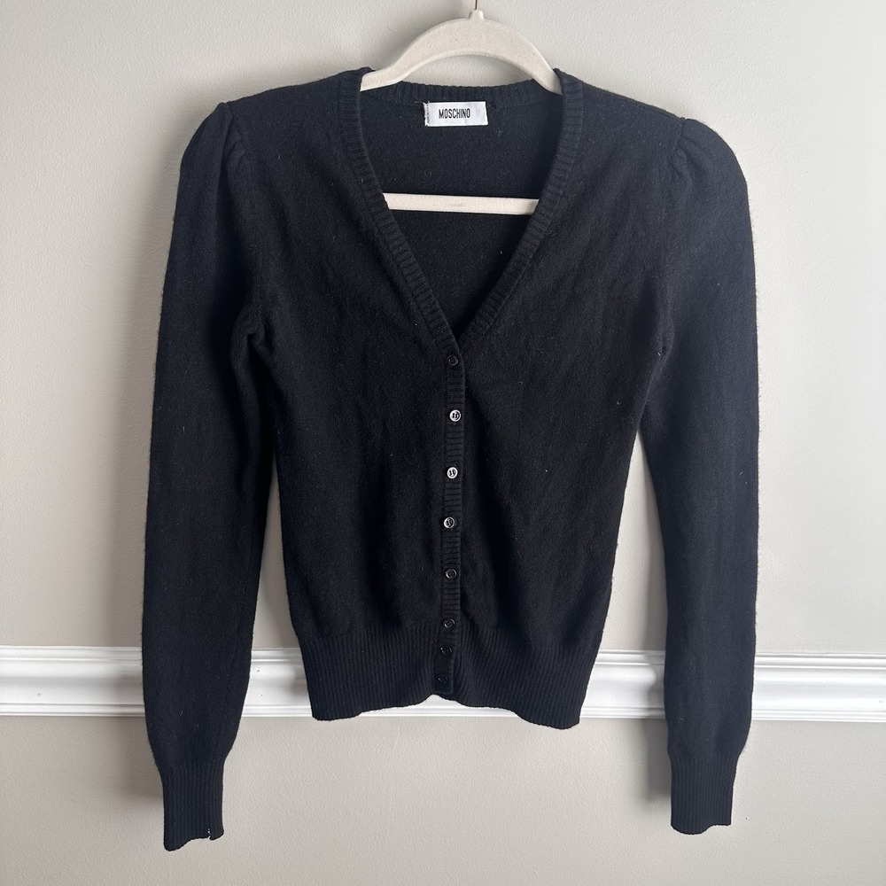Moschino Womens Cashmere Black Long Sleeve V Neck Cardigan Sweater XS Luxury